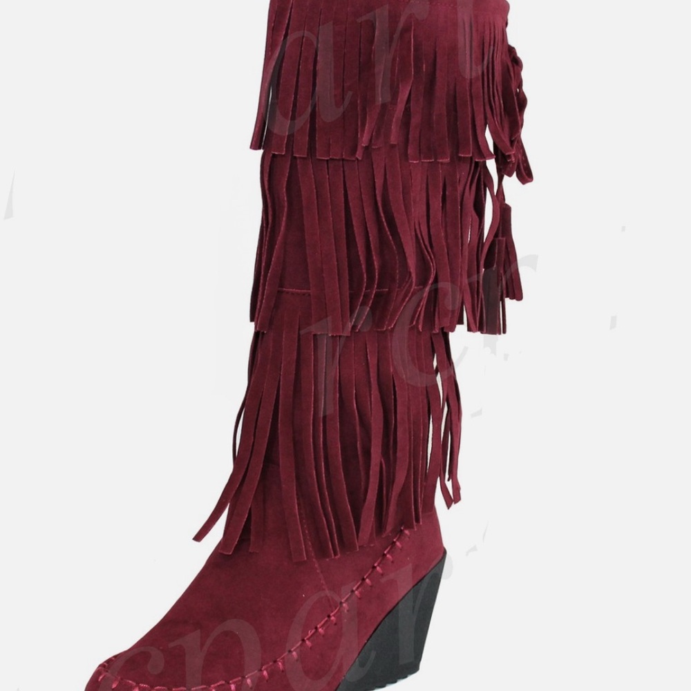 Fringe Suede Women's Boots - Burgundy